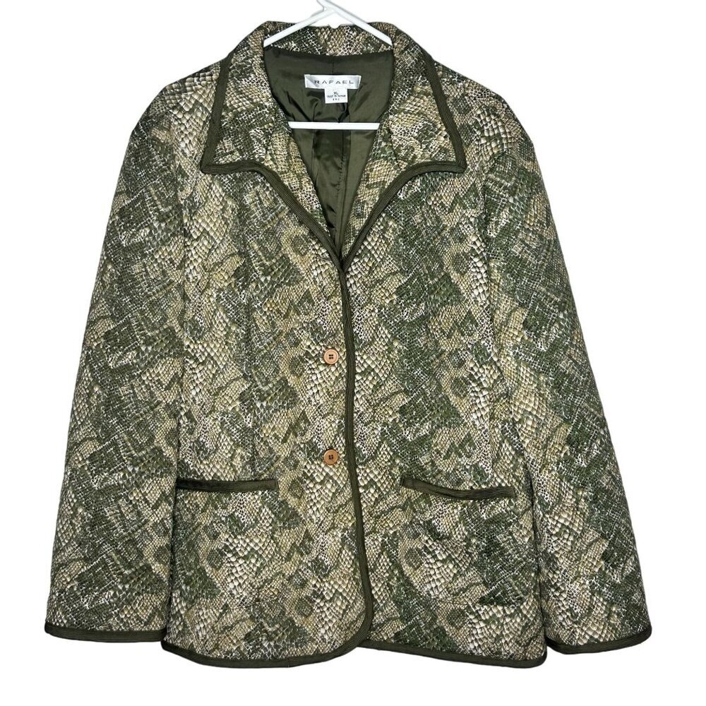 Vintage Quilted BlazerJacket Snake Print Womens XL Green Pockets 70s Boho Retro